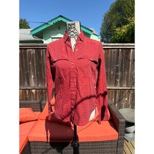 VTG Red-Orange with Thin Brown Stripes L/S Button-Up Collared Women's Shirt	Med